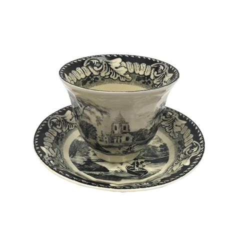 3-1/2″ Pond Fishing Transferware Porcelain Handleless Tea Cup and ...