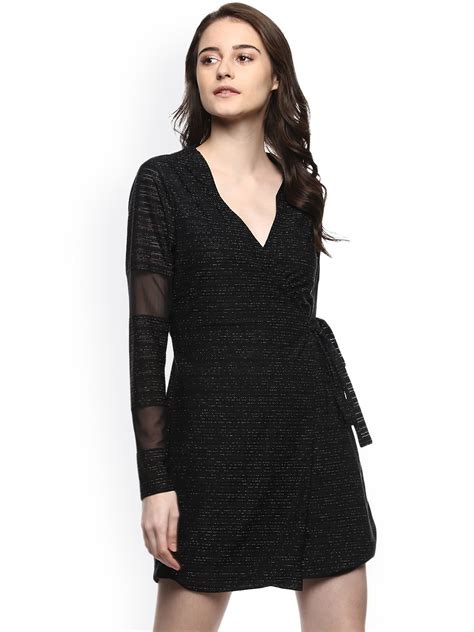 Buy Kazo Women Black Striped Wrap Dress - Dresses for Women 2161659 | Myntra