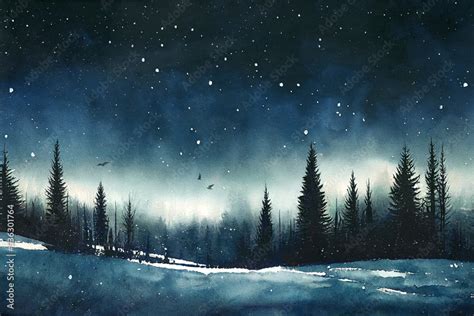 Watercolor painting of a forest in the night. Winter, snow, silhouettes of the trees. Stock ...