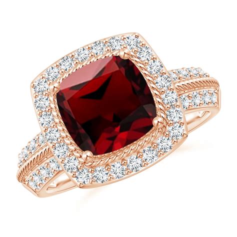 Angara - Valentine Jewelry Gift - Twisted Rope Cushion Garnet Halo Ring in 14K Rose Gold (8mm ...