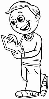 Cartoon Elementary Age Boy With Digital Tablet Coloring Page Stock  sketch template