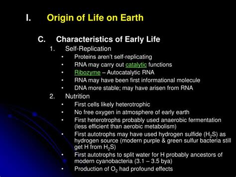 PPT - Origin of Life on Earth Characteristics of Early Life Self ...