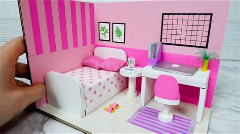 DIY Dollhouse with Cardboard, Pink Bedroom Decor - YouTube | Cardboard ...