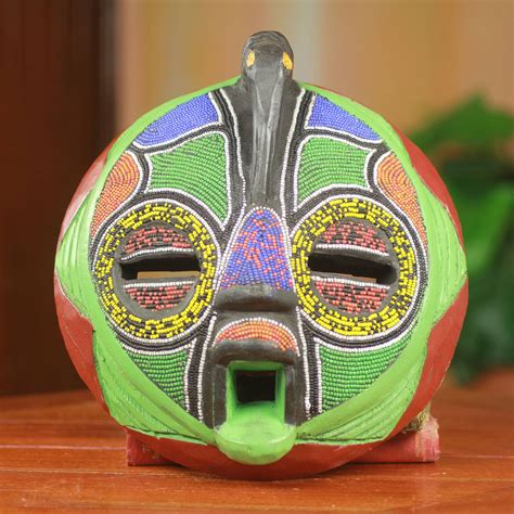 Unique Hand Beaded Colorful African Wood Mask Art - Flamingo | NOVICA