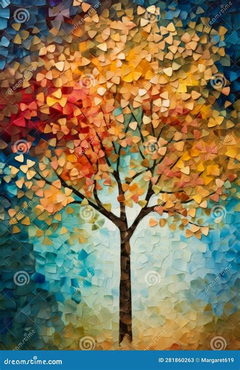 Yellow and Blue Abstract Autumn Tree Painting . Stock Illustration ...