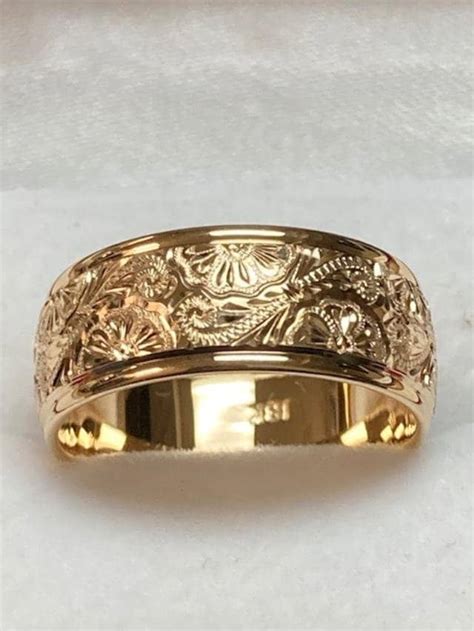 Hand Engraved Mens Wedding Rings,10K 14K Yellow Gold Wedding Band,8mm ...