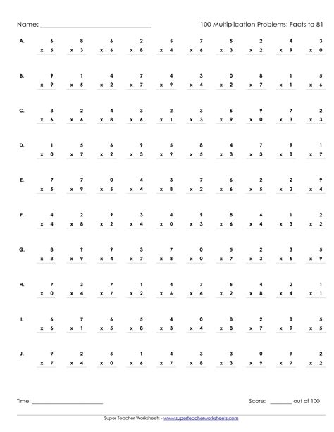 Timed Multiplication Worksheets: 100 Problems