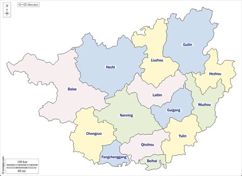 Guangxi free map, free blank map, free outline map, free base map outline, prefectures, names ...