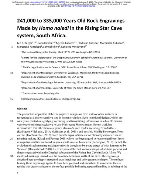 (PDF) 241,000 to 335,000 Years Old Rock Engravings Made by Homo naledi ...