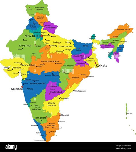 Colorful India political map with clearly labeled, separated layers ...