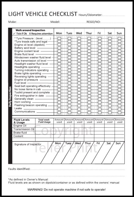 Light Vehicle Pre-Start Checklist Book A5 (A week to a page Pre-printed)