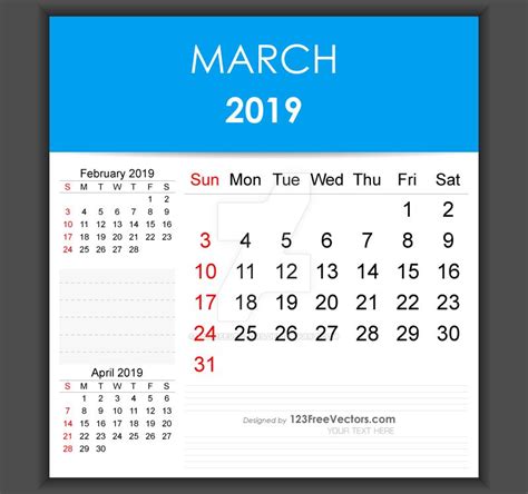 Editable March 2019 Calendar Template Free Vector by 123freevectors on DeviantArt