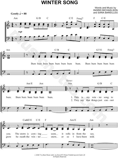 Sara Bareilles "Winter Song" Sheet Music (Easy Piano) in A Minor - Download & Print - SKU: MN0097761