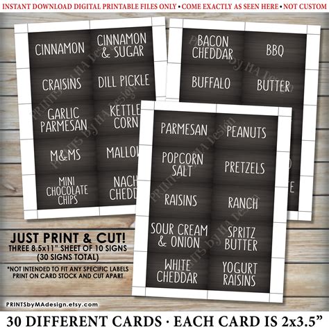 Popcorn Bar Labels, Popcorn Toppings, Sweet & Savory, 30 Chalkboard Style Cards on PRINTABLE 8 ...