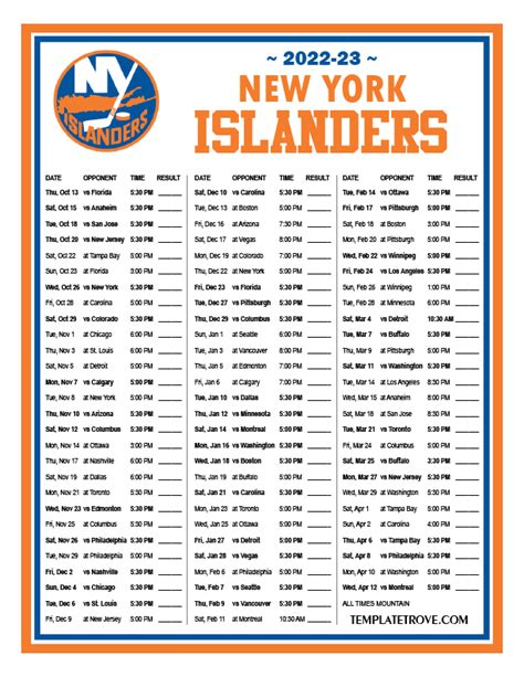 Printable 2022-2023 New York Islanders Schedule