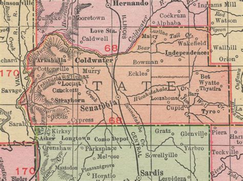 Tate County, Mississippi, 1911, Map, Rand McNally, Senatobia, Coldwater, Arkabutla