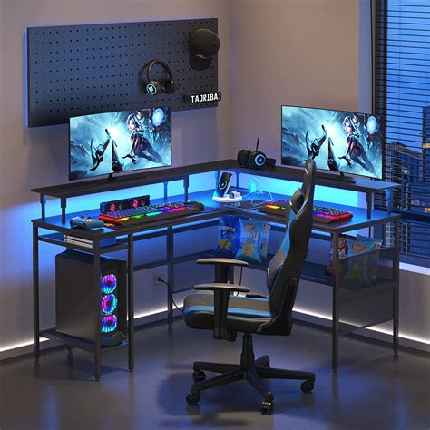 Buy WASAGUN L Shaped Gaming Desk with Led Lights, Gaming Table with Power Outlets,55 inch Corner ...