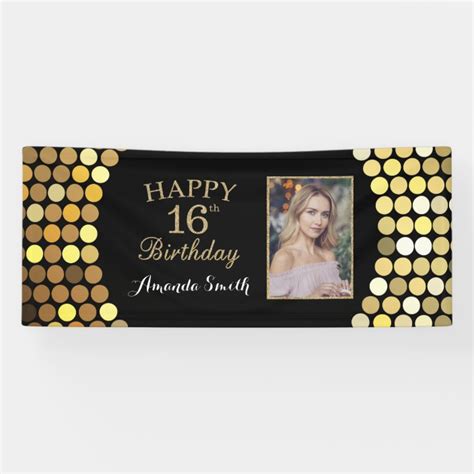 Happy 16th Birthday Banner. Gold Glitter Photo Banner | Zazzle.com