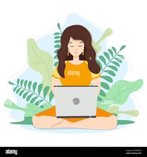 Woman with laptop sitting in nature and leaves. Concept illustration ...