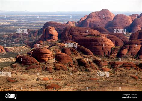 Close-up, aerial view of a section of the Kata Tjuṯa, rock formations in Uluṟu-Kata Tjuṯa ...