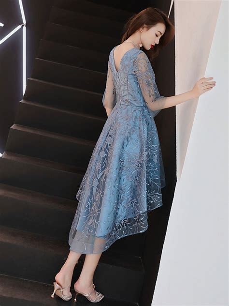 Blue v neck tulle lace high neck prom dress, blue lace homecoming dres – shopluu