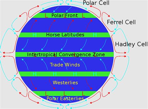 Hadley cell, doldrums, westerlies, prevailing Winds, Trade winds, anticyclone, highpressure Area ...