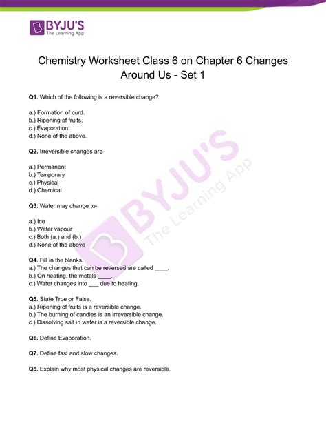 Class 6 Chemistry Worksheet on Chapter 6 Changes Around Us Worksheet Set- 1