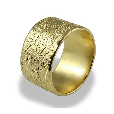 Wide Wedding Band, Decorated Ring , Unique Woman Wedding Band , 14k Yellow Gold , Textured Ring ...