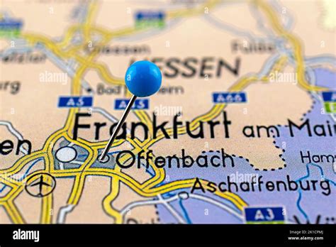 Offenbach map. Close up of Offenbach map with blue pin. Map with red ...