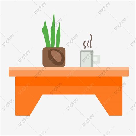 an orange table with a coffee cup and plant on it