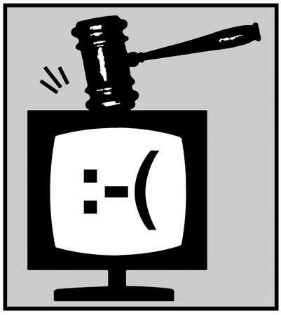 Stock Illustration - Gavel hammering on a TV monitor with unhappy face