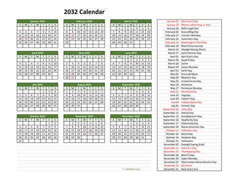 2032 Calendar with US Holidays | WikiDates.org