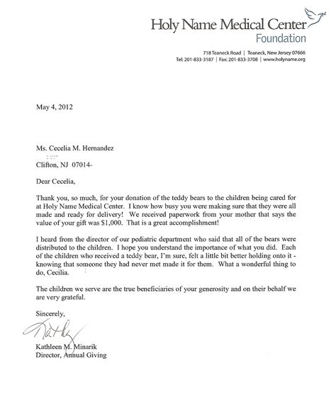 Holy Name Medical Donation of Teddy Bears