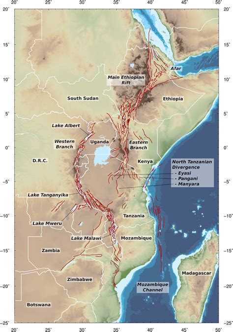 Map of the East Africa Rift System (EARS). White lines show national ...