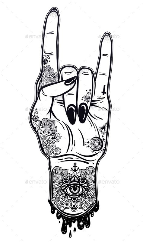 Raised Inked Hand As a Rock and Roll Sign Gesture | Rock and roll tattoo, Rock and roll sign ...