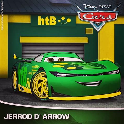 the cars movie poster is featured in front of a garage with a green and yellow car