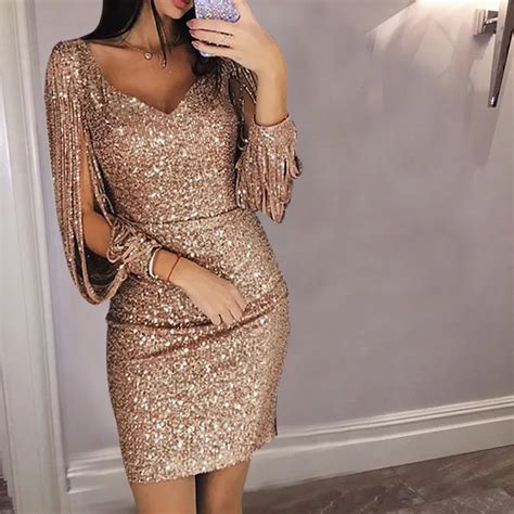 Sexy Tassels Detail Sequin Party Dress Women Slit Sleeve Sparkly Bodybon Dress Autumn Long ...