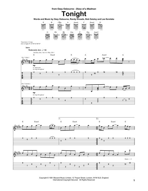 Tonight by Ozzy Osbourne Sheet Music for Guitar Tab at Sheet Music Direct