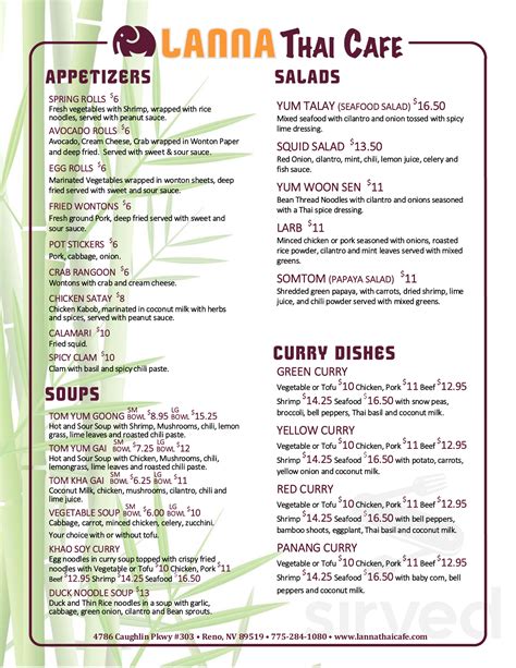 Lanna Thai Cafe menu in Reno, Nevada, USA