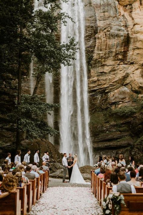 forest wedding ceremony with waterfall backdrop | Unusual wedding ...