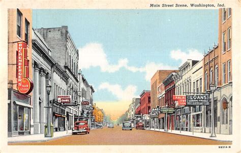 Washington Indiana Main Street Scene Store Fronts Linen Antique ...