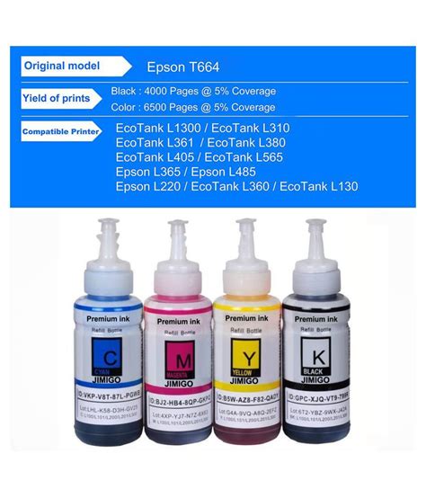 JIMIGO INK FOR EPSON L355 Multicolor Pack of 4 Ink bottle for Refill ...