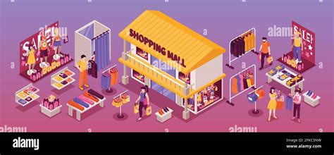 Clothing department store isometric horizontal composition with shopping mall building fitting ...