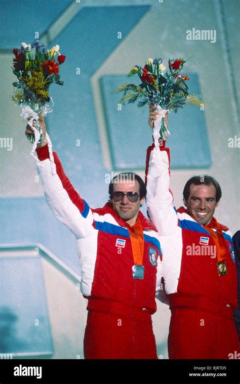 Phil Mahre (USA) Gold -C-, Steve Mahre (USA) Silver, winners of the Men's Slalom at the 1984 ...