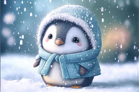 A cute baby penguin dressed in a snow-coat stands in the snow du ...