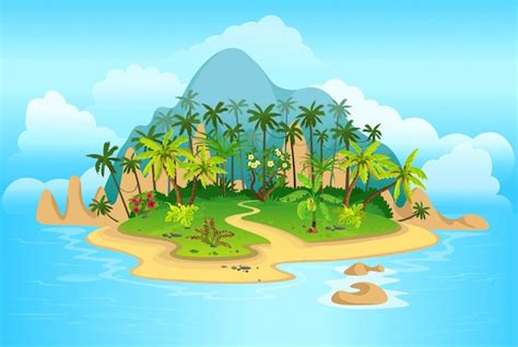 Premium Vector | Cartoon tropical island with palm trees. mountains, blue ocean, flowers and ...