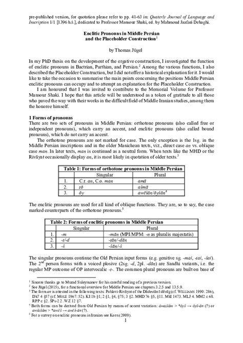 (PDF) Enclitic Pronouns in Middle Persian and the Placeholder ...