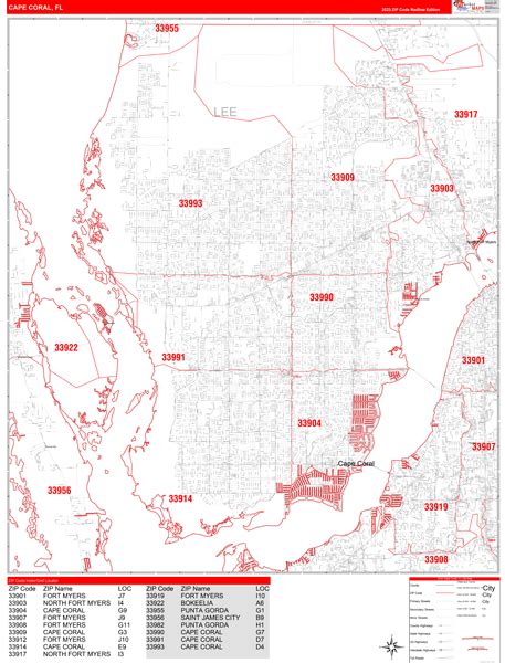 Cape Coral Florida Zip Code Wall Map (Red Line Style) by MarketMAPS - MapSales