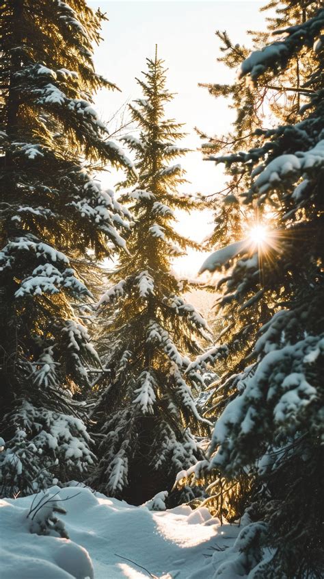 winter forest at sunset, snowy trees with sunlight, serene winter landscape, peaceful snow ...