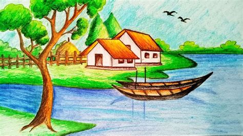 How To Draw Easy Village Scenery Drawing With Oil Pastel | Images and ...